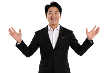 Surprised or welcoming East Asian businessman in a black suit smiling with hands open wide, expressive gesture portrait isolated against a transparent background for business concepts