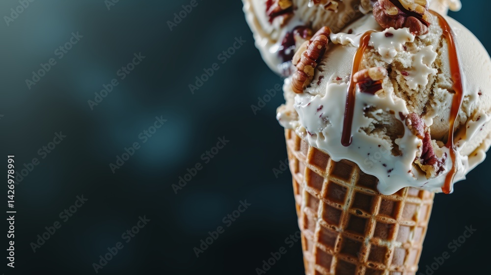 Poster indulgent caramel pecan ice cream filled with toasted nuts drips from a waffle cone, showcasing rich