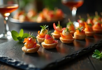 elegant bite sized appetizers sleek slate table display gourmet food platter party catering, snack, cuisine, elegance, finger, canape, presentation, herb