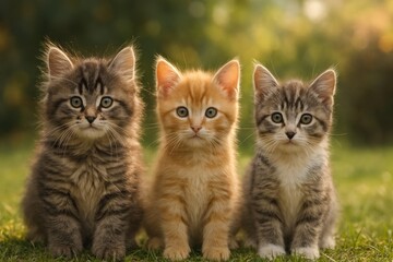 Adorable kittens sitting together outdoors.