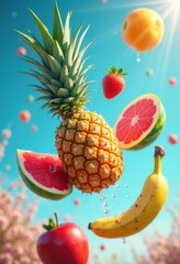 vibrant fruit assortment mid air colorful fresh pineapple watermelon banana strawberry grapefruit apple citrus tropical, mango, kiwi, peach, cherry, date, plum
