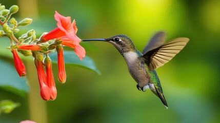 Fototapeta premium A hummingbird approaches a flower with orange petals to drink nectar