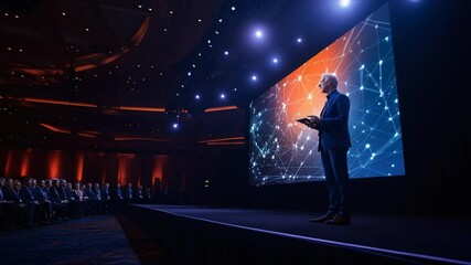 Captivating keynote speaker delivering an insightful tech presentation on stage to audience