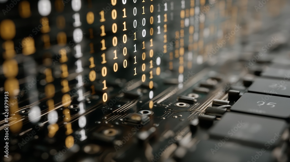 Aufkleber Close-up of radiant binary code suspended over detailed circuit boards enhances the tech vibe, emphasizing innovation and digital advancement