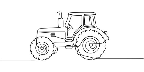 Tractor, one line continuous. Line art outline vector illustration of farm transport, Continuous line art or One Line drawing of tractor for vector illustration, business transportation.