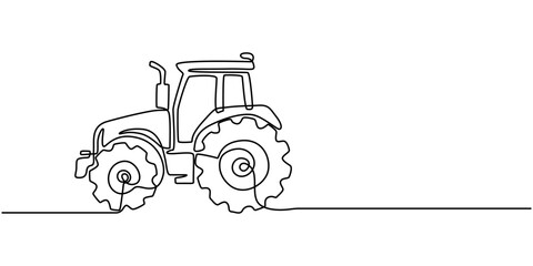 Tractor, one line continuous. Line art outline vector illustration of farm transport, Continuous line art or One Line drawing of tractor for vector illustration, business transportation.