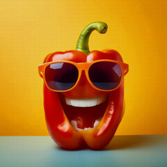 A big happy paprika, wearing gigantic sunglasses, stands against an yellow background oil painting style illustration