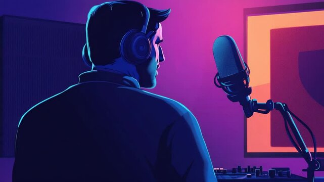 Man Creating Podcast in Professional Studio with Modern Setup and Neon Lights