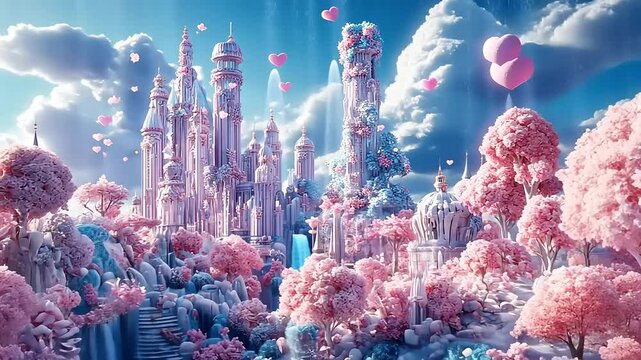 Whimsical dreamscape, a fairy tale castle surrounded by pink blossom and gentle skies