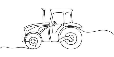 Tractor, one line continuous. Line art outline vector illustration of farm transport, Continuous line art or One Line drawing of tractor for vector illustration, business transportation.