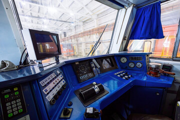 Subway train interior. Driver dashboard