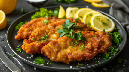 A well crisp German  schnitzel  garnish with herbs, tomato and Lemon