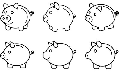 cartoon piggy bank outlines in a simple black line art style