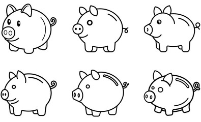 cartoon piggy bank outlines in a simple black line art style