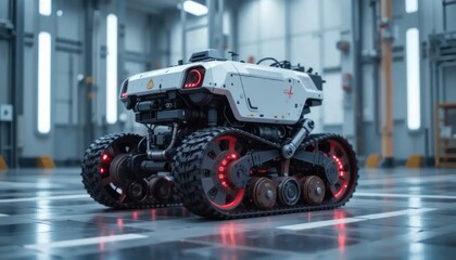 Fototapeta premium Futuristic Tracked Robot: Sleek White Design with Red LED Accents