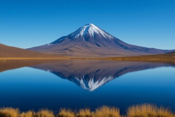 Fototapeta premium Perfect mirror reflection of a volcano in the Atacama Desert, Chile, on a clear, sunny day with blue sky