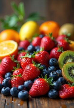 vibrant assorted fruits displaying nutrient profiles colorful diversity bounty healthy choices, berry, banana, apple, orange, kiwi, mango, grape