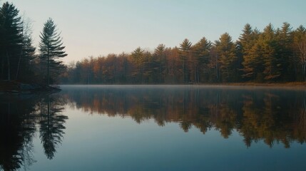 Serene lake reflection at dawn with autumn forest landscape scenery