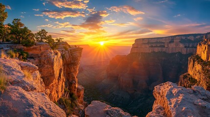 Majestic sunset over ocean with glowing sun above cliffs high resolution picture