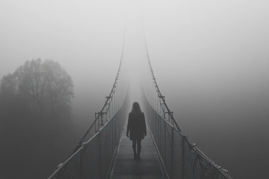 Woman walking alone on a long suspension bridge in thick fog