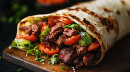 A delicious wrap with various meats and fresh vegetables on display