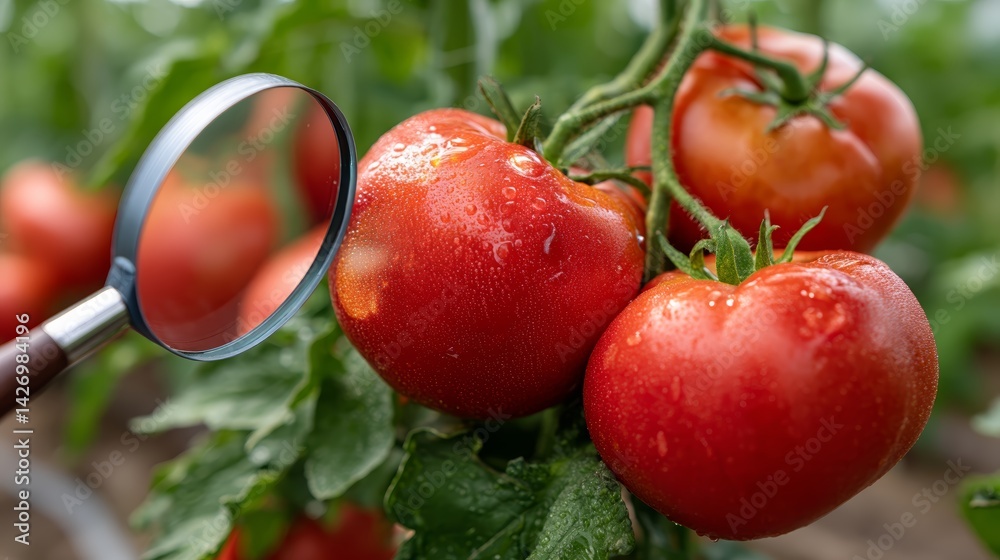Aufkleber Magnifying glass highlights the surface texture and freshness of dew-covered red tomatoes still on the vine, illuminated by soft natural light in a garden setting