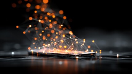 Glowing orange network lines radiating from smartphone, highlighting digital connectivity and global communication networks against dark reflective background