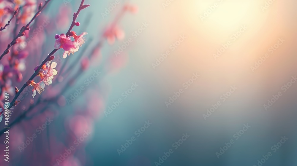 Poster soft focus highlights fragile pink cherry blossoms adorning bare branches under a pale gray sky, sym