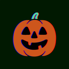 Traditional orange pumpkin face with triangle eyes and a chipped tooth in colorful anaglyphic look.
