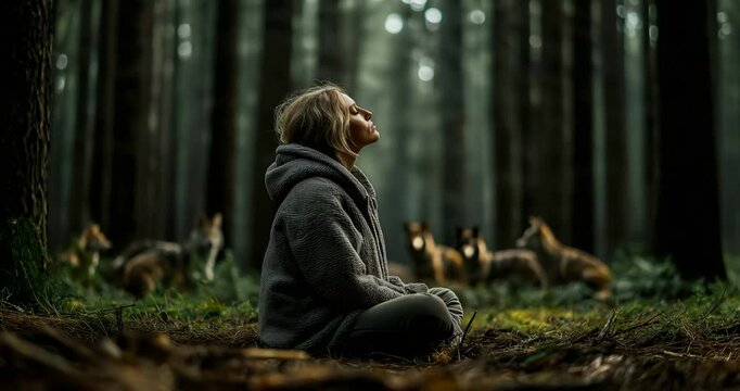 Person Meditates in Forest with Wildlife