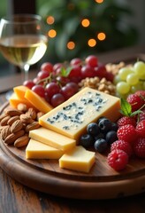 gourmet cheese platter seasonal fruits nuts variety artisanal selection colorful arrangement, dried, cheddar, brie, goat, sweet, savory, blue, camembert