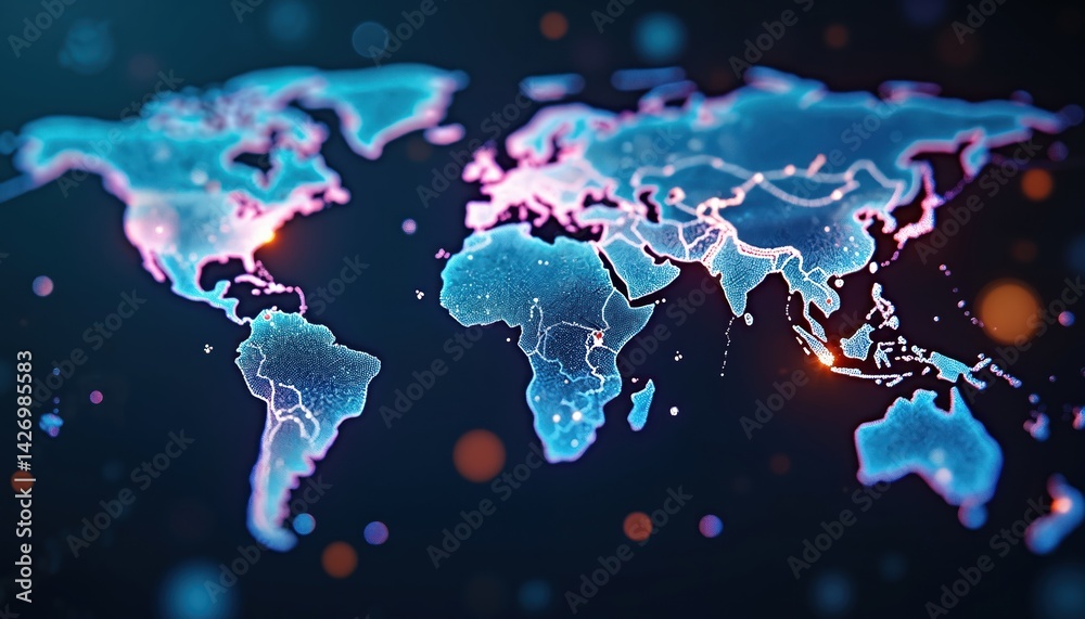 Aufkleber digital world map illustration with glowing dots. abstract design showcases global connection, tech,