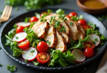 gourmet salad fresh meat styled elegantly slate plate culinary delight healthy cuisine plate presentation, food, vegetable, colorful, ingredient, appetizer