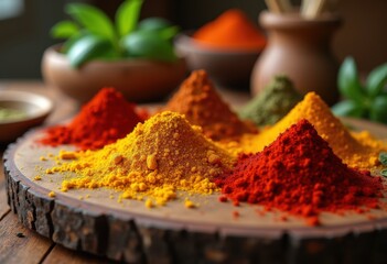 vibrant assortment colorful spices rustic wooden cutting board culinary display, aroma, cooking, seasoning, kitchen, olive, salt, pepper, natural, root