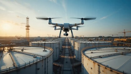 Drone Inspection: Industrial Site Aerial View at Sunset