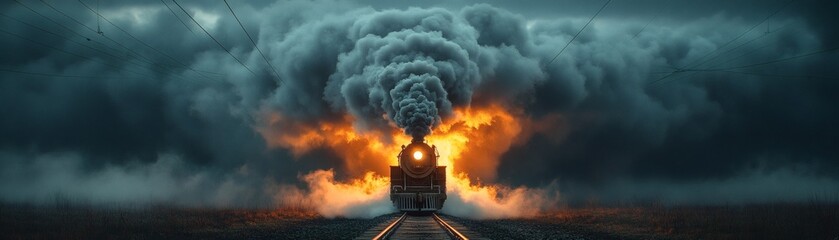 A dramatic and vintage steam locomotive journeying through a stormy landscape, with dark clouds and smoke. The train's headlight shines brightly in the center of the frame.