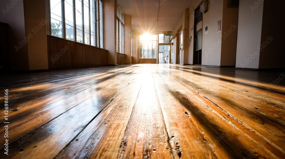 Aufkleber soft golden rays pour through a nearby window, highlighting a smooth wooden floor and creating long 