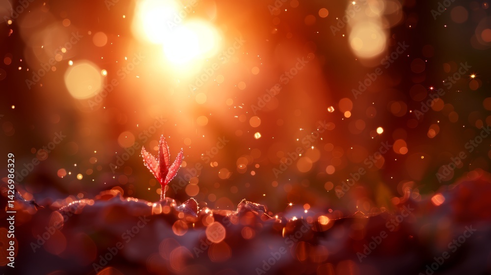 Poster a fragile sprout breaks through parched soil illuminated by soft sunlight, adorned with dewdrops tha