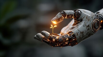 Robotic metallic hand gently cradling green seedling emerging from soil, representing technological support nurturing environmental sustainability