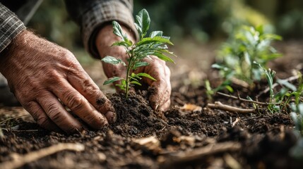 Weathered elderly farmer's hands carefully planting young tree sapling, nurturing earth with sustainable agricultural practice, supporting environmental regeneration