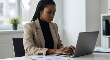 Focused shot of an african american woman typing on her laptop in an office setting. The woman appears focused and professional, absorbed in her work