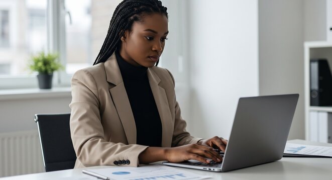 Focused shot of an african american woman typing on her laptop in an office setting. The woman appears focused and professional, absorbed in her work