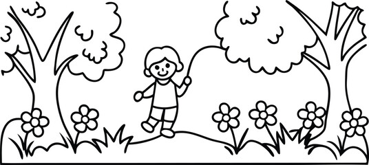 Child Walking On Tightrope In Nature Black And White Illustration For Coloring Book