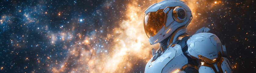 Naklejka premium An astronaut in a spacesuit against a backdrop of stars and nebulae, representing space exploration
