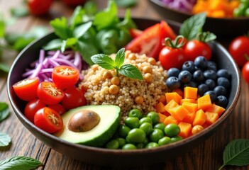 vibrant plant based meal prep bowls fresh vegetables grains protein colorful healthy ingredients nutrient dense nutrition, food, cooked, quinoa, lentil, leafy