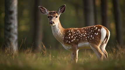Young fawn portrait grazing in a forest clearing at golden hour light
