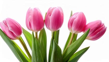 Fototapeta premium bouquet of five pink tulips isolated on white background