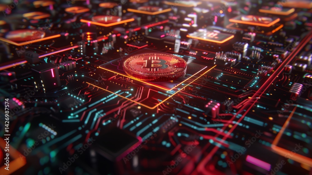 Poster Digital abstract displays floating neon cryptocurrency symbols over a dark grid network, showcasing vibrant colors and binary code streaming vertically on one side