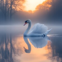 Fototapeta premium A graceful swan glides across a misty lake at sunrise