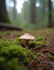 Fototapeta premium Lonely mushroom grows forest ground. Fungal plant with cap, stem. Edible mushroom, cep, boletus on forest floor. Autumn season, moss, wood, natural, wild. Food, nature.